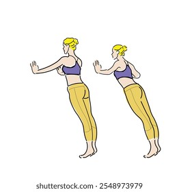 Ilustración de una mujer realizando flexiones de pared, un ejercicio simple y efectivo adecuado para principiantes y rutinas de entrenamiento de bajo impacto. La Imagen muestra un movimiento de acondicionamiento físico que enfatiza la salud.