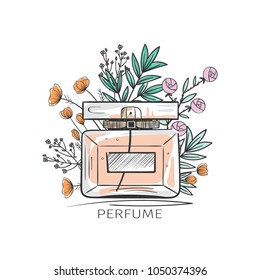 Illustration of woman perfume bottle and flowers. Vector design elements. 