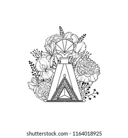 Illustration of woman perfume bottle and flowers, rose, iris, butterfly. Temporary tattoo and t-shirt design boho art. Hand drawn flowers for the anti stress coloring page