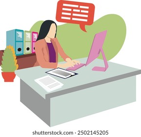 Ilustración de una mujer tal vez una secretaria escribiendo en la computadora, adecuado para la ilustración con temas de negocios, finanzas, educación y trabajo