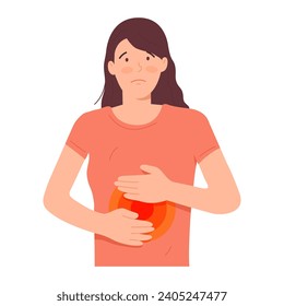 Ilustración de una mujer con un periodo. Coloca tu mano en el estómago para el dolor menstrual. Vector plano.