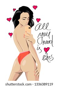 illustration of woman with phone and text All you need is likes. 