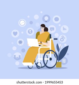 Illustration of a woman of physical disability sitting on a wheel chair and working with her laptop