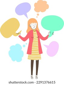 Illustration of Woman Picking Up Blank Speech and Thought Bubbles. Thoughts and Talks Inside Head