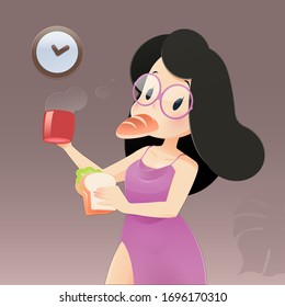 Illustration woman in pink nightgown and lace robe eating at night. Night hunger, Drinking coffee, flat character illustration design.
