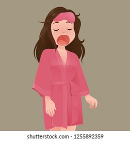 illustration woman in pink robe yawning against cream color background, People who wake up late, Cartoon and vector