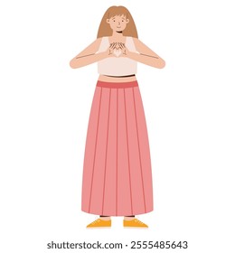 Illustration of a Woman in a Pink Skirt Showing Heart Gesture with a Friendly Smile