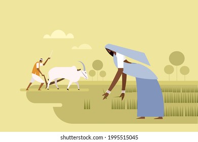 Ilustración de una mujer plantando plántulas y de un hombre arando el campo con esclusas