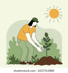 Illustration of a woman planting a young tree sapling in a garden under the sun, promoting environmental conservation and sustainability.
