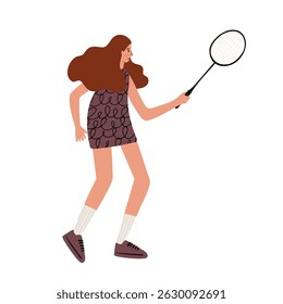 illustration of a woman playing badminton. A girl in a patterned dress and sneakers holds a racket in a ready position. Active and sporty character in a park setting. Flat vector illustration.