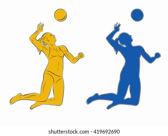 illustration of woman playing beach volleyball . color drawing.white background