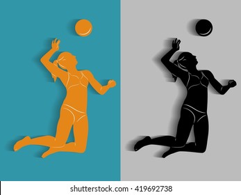 illustration of woman playing beach volleyball .black and color drawing with vector shadow