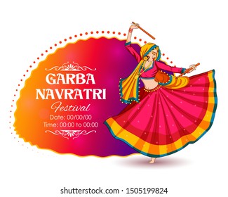 illustration of woman playing Dandiya in disco Garba Night banner poster for Navratri Dussehra festival of India