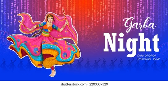 Illustration Of Woman Playing Dandiya In Disco Garba Night Banner Poster For Navratri Dussehra Festival Of India