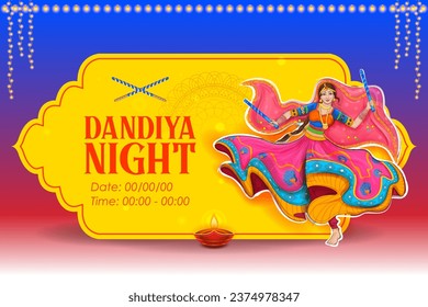 ilustración de una mujer jugando Dandiya en la discoteca Garba Nocturna afiche del festival Navratri Dussehra de la India