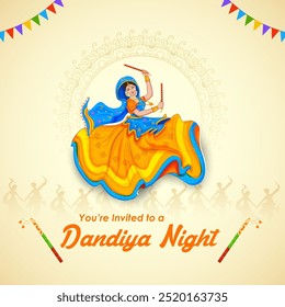 illustration of woman playing Dandiya in disco Garba Night banner poster for Navratri Dussehra festival of India