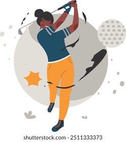 Illustration of a woman playing golf ball with a dynamic and colorful design concept that gives the impression of courage and enthusiasm.