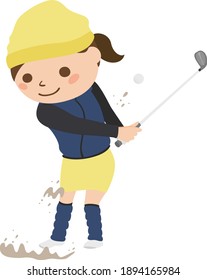 Illustration of a woman playing golf. A woman flying a golf ball from a bunker.