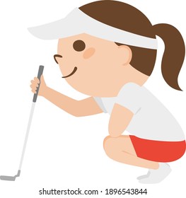 Illustration of a woman playing golf. A woman looking at the line on the green.