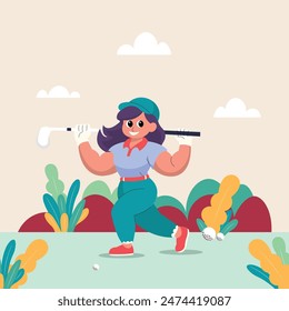 illustration of a woman playing golf on a green field. Flat design style characters