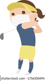 Illustration of a woman playing golf in summer. Wear a mask to prevent infection.