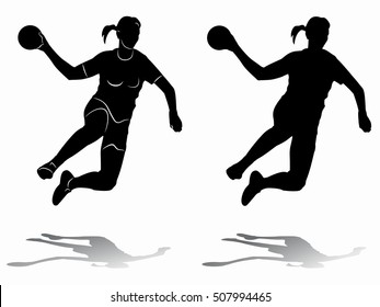 illustration of woman playing handball . black and white drawing, white background