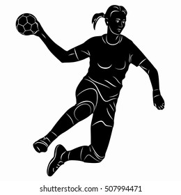 illustration of woman playing handball . black and white drawing, white background