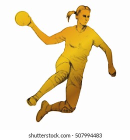 illustration of woman playing handball . black dots and yellow drawing, white background