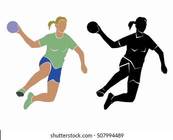 illustration of woman playing handball . black and color drawing, white background