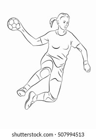 illustration of woman playing handball . black and white drawing, white background