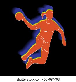 illustration of woman playing handball . color drawing, black background