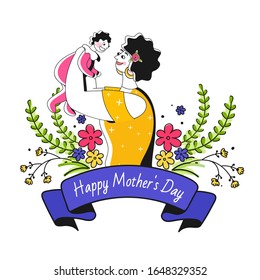 Illustration of Woman playing her Baby with Flowers and Leaves on White Background for Happy Women's Day Celebration.