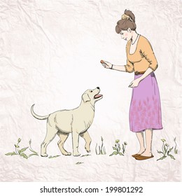 Ilustración de una mujer jugando con un perro Labrador en un fondo beige vintage.