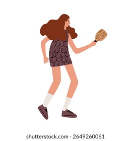 illustration of a woman playing paddle ball. A young woman in a patterned dress and sneakers holds a racket. Active leisure scene in a flat vector style. Flat vector illustration.