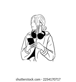 illustration of a woman playing a smartphone while listening to music