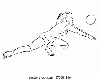 Illustration Of Woman Playing Volleyball . Black And White Drawing.white Background