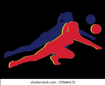 illustration of woman playing volleyball . color drawing.black background