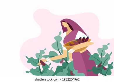 Illustration of a woman plucking brinjal fruits from the vegetable farm