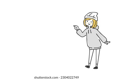Illustration of a woman pointing at copy space.
