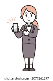 Illustration of a woman pointing at a smartphone she is holding. Vector illustration on white background.