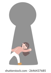 Illustration of a woman popping out of a keyhole: a large keyhole and a small figure