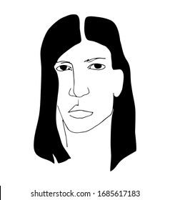 Illustration with woman portrait. Black and white minimalist graphic silhouette.  Art of women face and hairstyle. 
