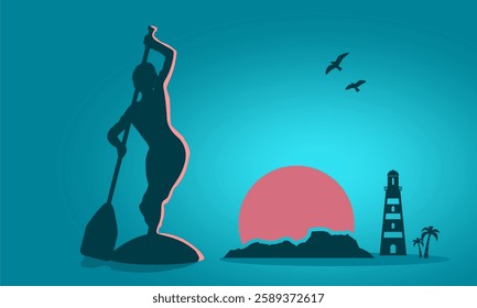 Illustration of woman posing with surf board. Landscape with mountains and sunrise