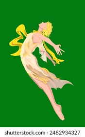 Illustration einer Frau posiert beim Tanzen auf grünem Hintergrund