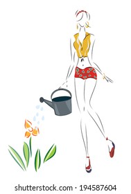 Illustration of a Woman pour on a flower with water can