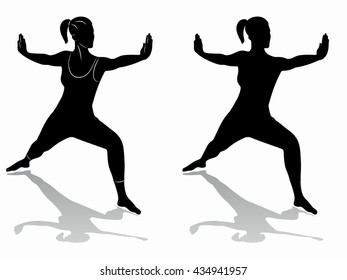 illustration of a woman practicing fitness, black and white drawing on a white background