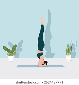 Illustration of a woman practicing headstand yoga indoors with potted plants in the background.