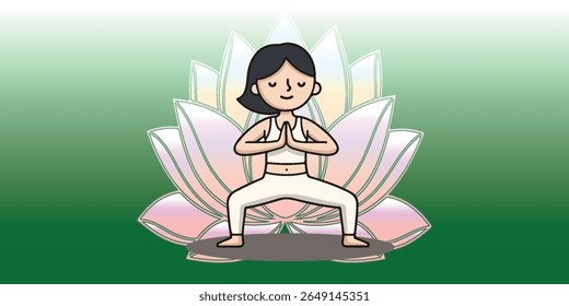 Illustration of a woman practicing yoga in front of a glowing lotus flower. Peaceful, spiritual, wellness, fitness, yoga, and meditation theme.