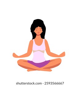 Illustration of a woman practicing yoga in a lotus position with a calm and relaxed expression. Concept of meditation, mindfulness, relaxation, and healthy lifestyle