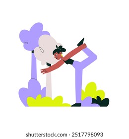 Illustration of a woman practicing yoga outdoors, stretching in a park setting. Isolated flat vector illustration representing fitness, mindfulness, and outdoor physical exercise.